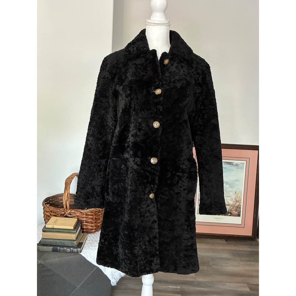 Black Lamb Sheepskin Fur Coat Women's Small Long Curly Fur Leather Lined
